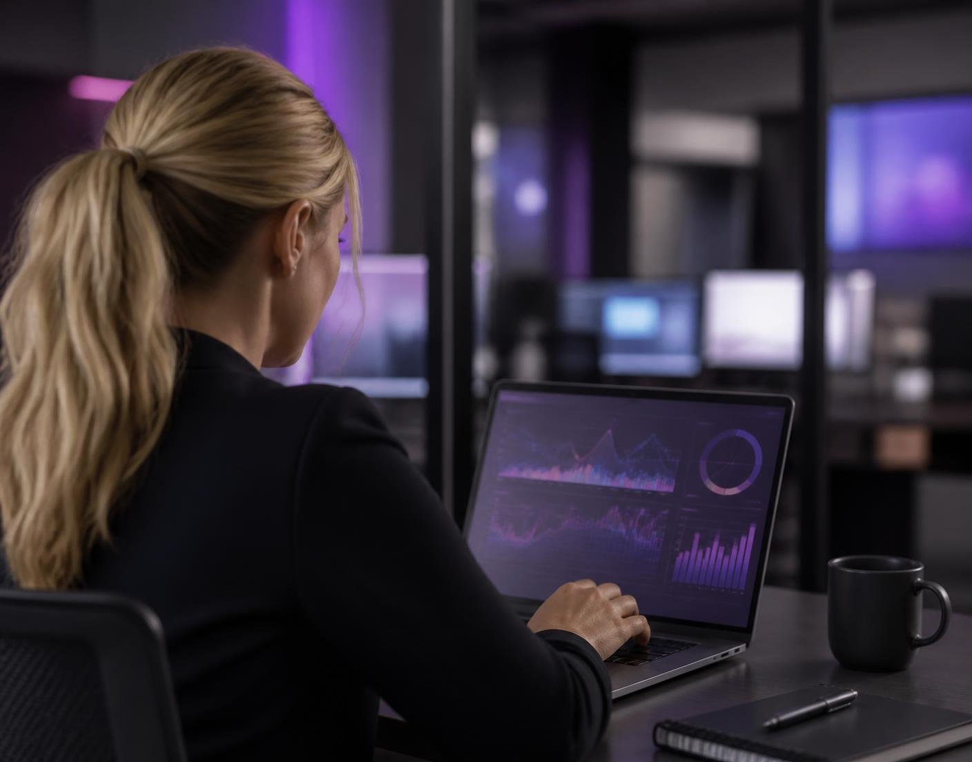 Digital branding specialist working on campaign analytics in a modern studio