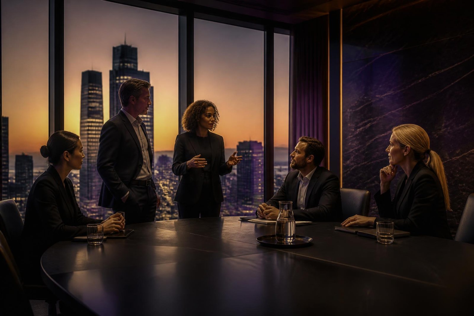 Business leaders in discussion in a modern corporate boardroom