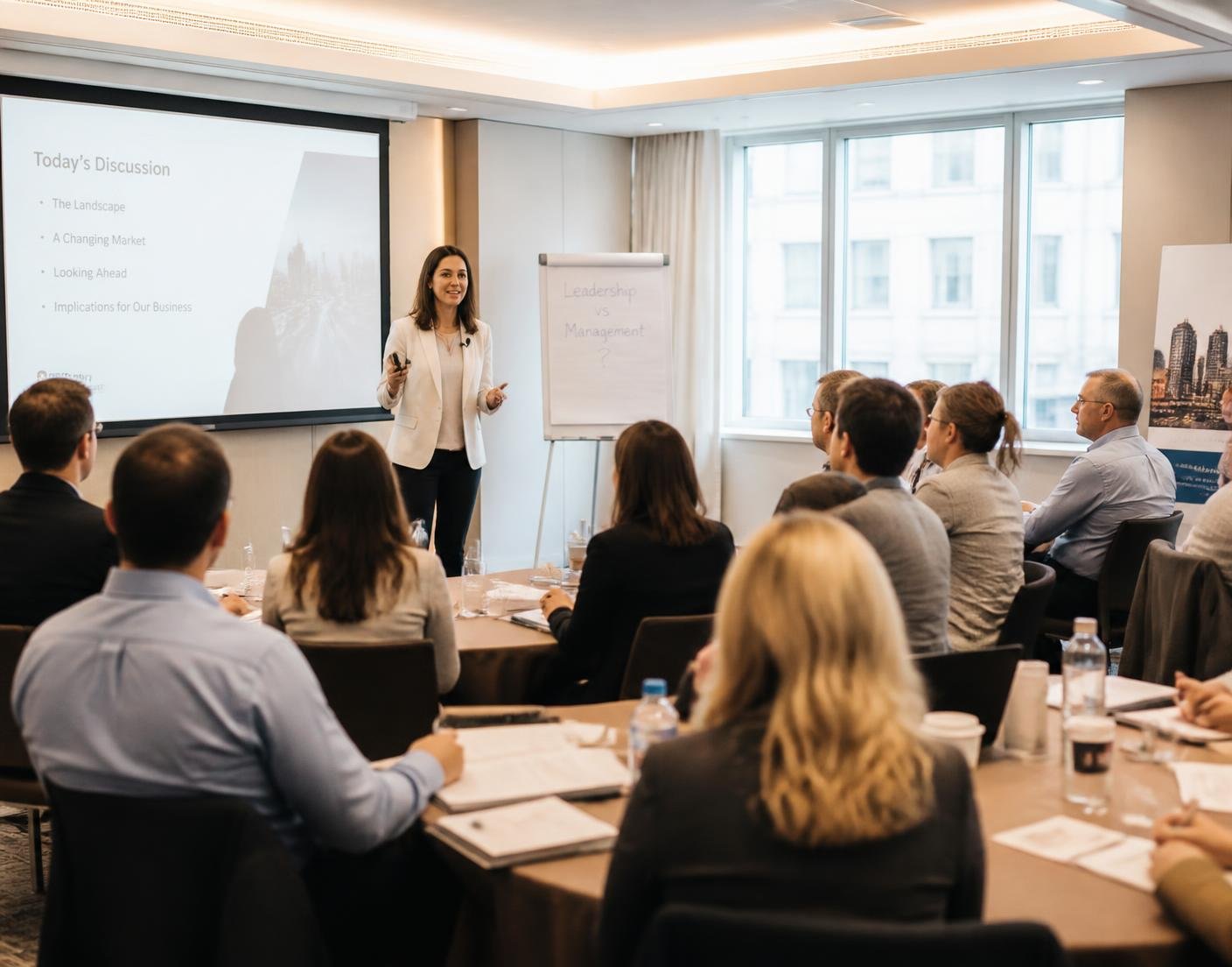 Facilitator leading a corporate leadership training workshop
